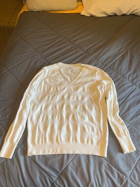 White V-Neck Cable Knit Sweater